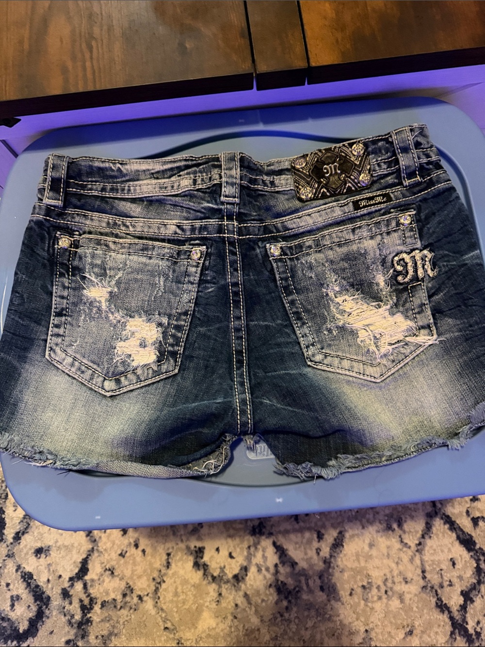 Miss Me Distressed Dark Wash Denim Shorts - Blue